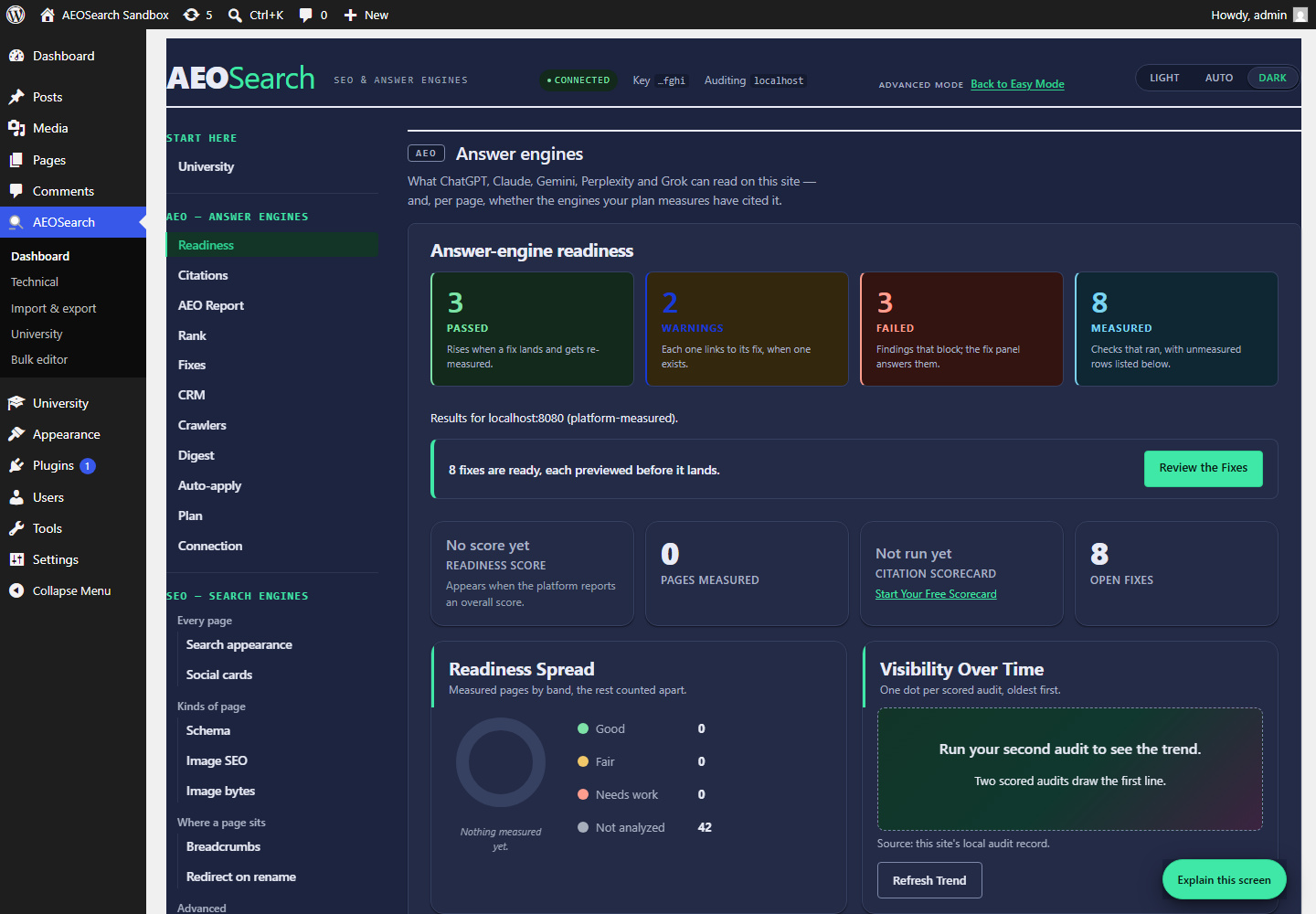 AEOSearch → Dashboard, dark scheme