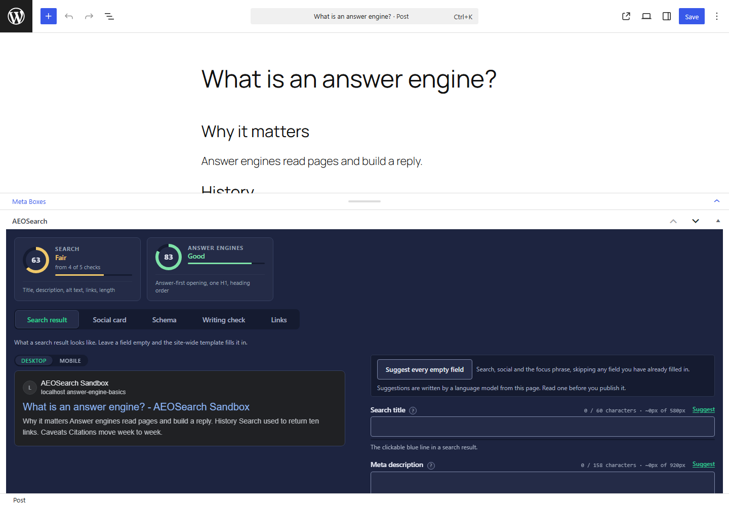 The AEOSearch box under a post, dark scheme