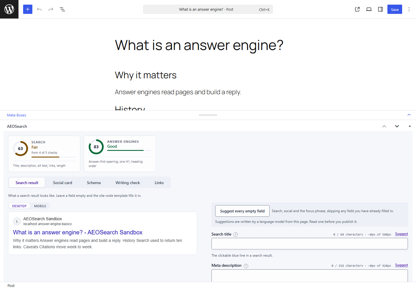 The AEOSearch box under a post