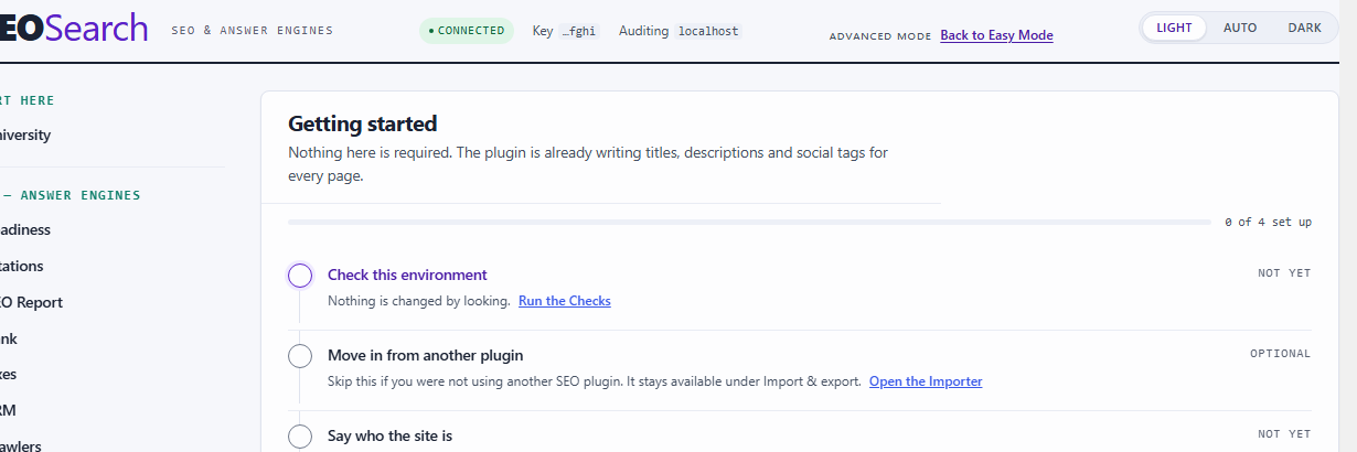 AEOSearch → Dashboard, the getting-started checklist