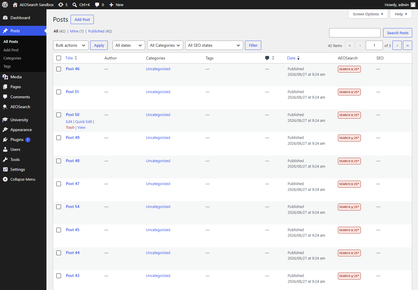 The posts list with the AEOSearch column