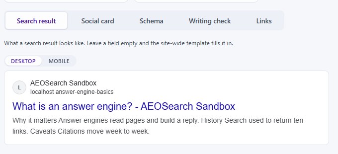 The AEOSearch box under a post, preview tabs