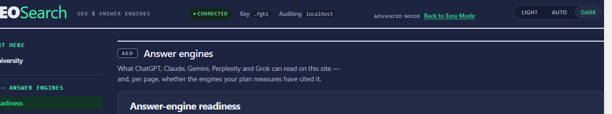 AEOSearch → Answer engines, dark scheme