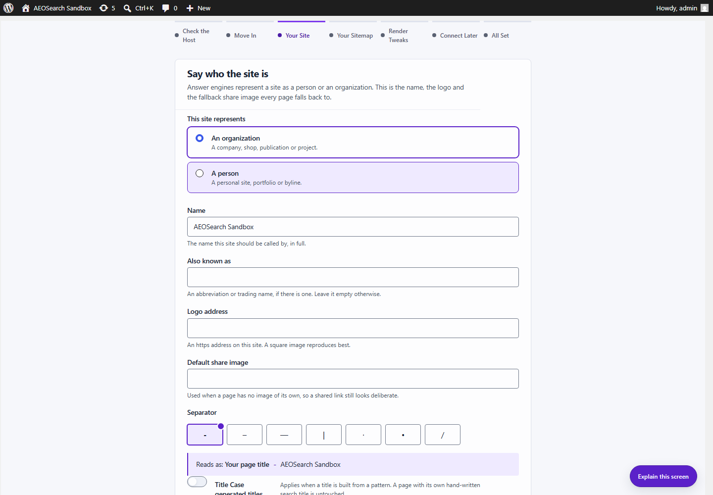 Setup wizard: your site